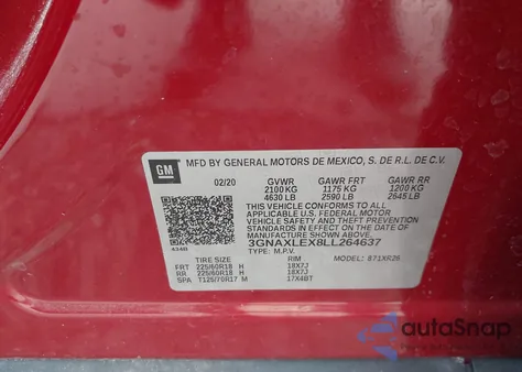 2020 Chevrolet Equinox Fwd Lt 2.0L Turbo из США, поврежденный, VIN 3GNAXLEX8LL264637